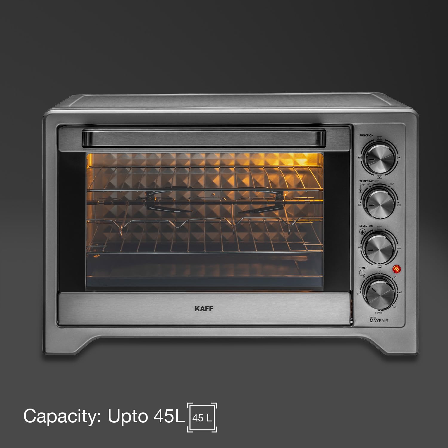 Kaff MFOT45-SS Electric Oven Toaster Grill (OTG) for Kitchen 45 Litre, 2000W with Rotisserie and Convection Fan | Stainless Steel Finish Styling Handle (Silver)