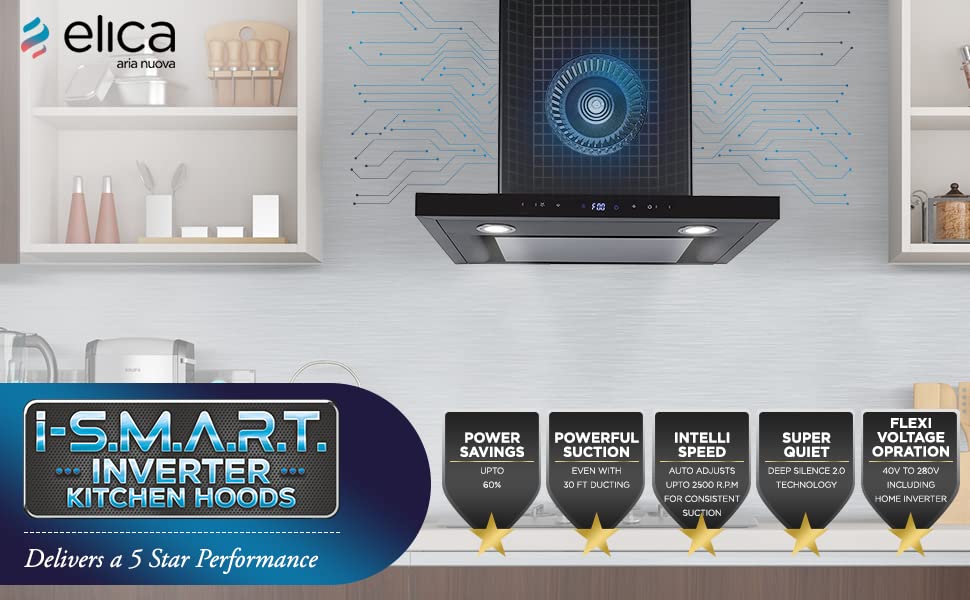 இன்வெர்ட்டர் தொழில்நுட்பம் மற்றும் LTW உடன் கூடிய எலிகா iSMART 5 STAR செயல்திறன் 60 செ.மீ புகைபோக்கி (iSMART SPOT H4 EDS LTW 60 NERO)