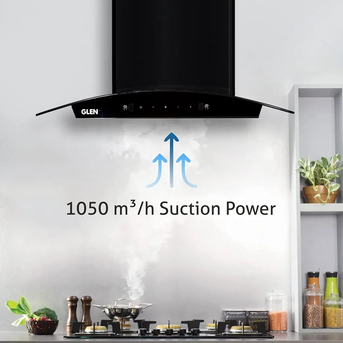 GLEN 60 cm 1050m3/hr Auto-Clean curved glass Kitchen Chimney Filterless Motion Sensor Touch Controls (Senza Black)