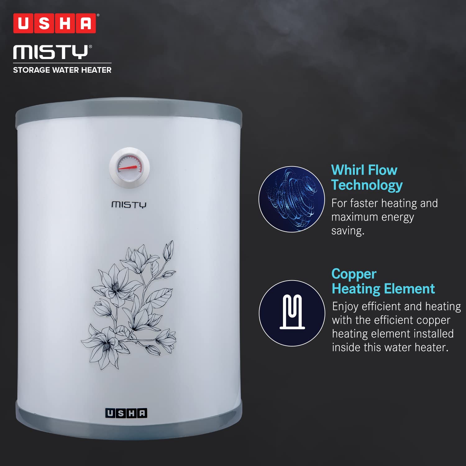 Usha Misty 25 Ltr 2000-Watt 5 Star Water Heater Grey Magnolia