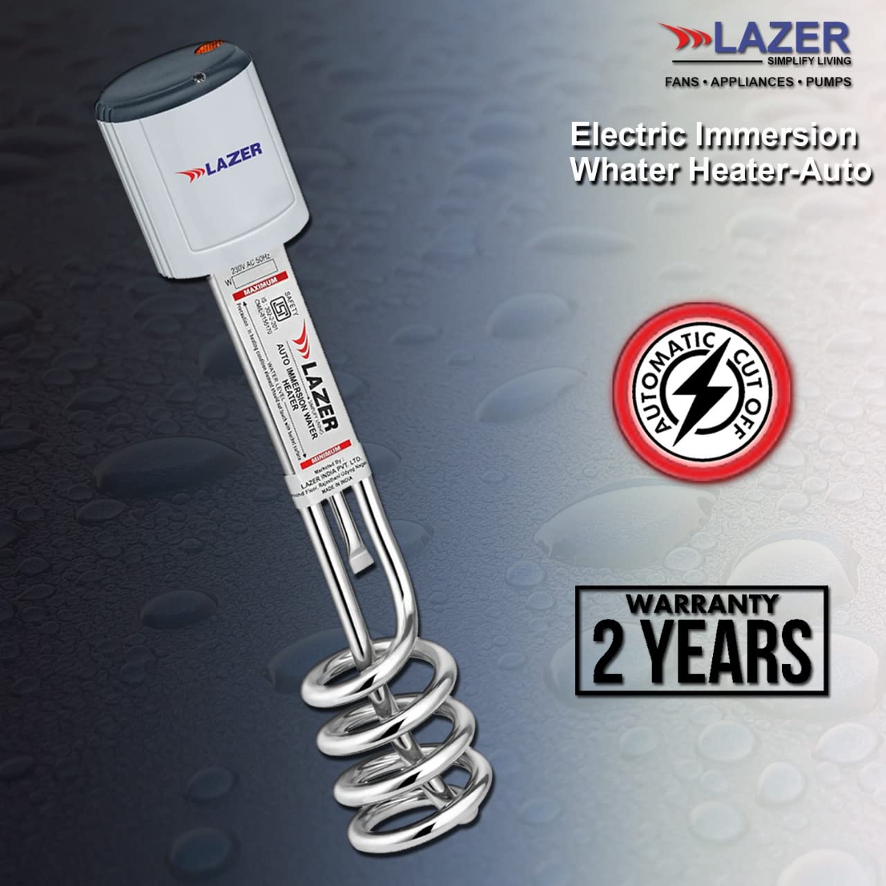 Lazer Aqua Therm 1000 Watt Copper Tube Auto Temperature Control Immersion Rod Water Heater ISI certified (Grey)