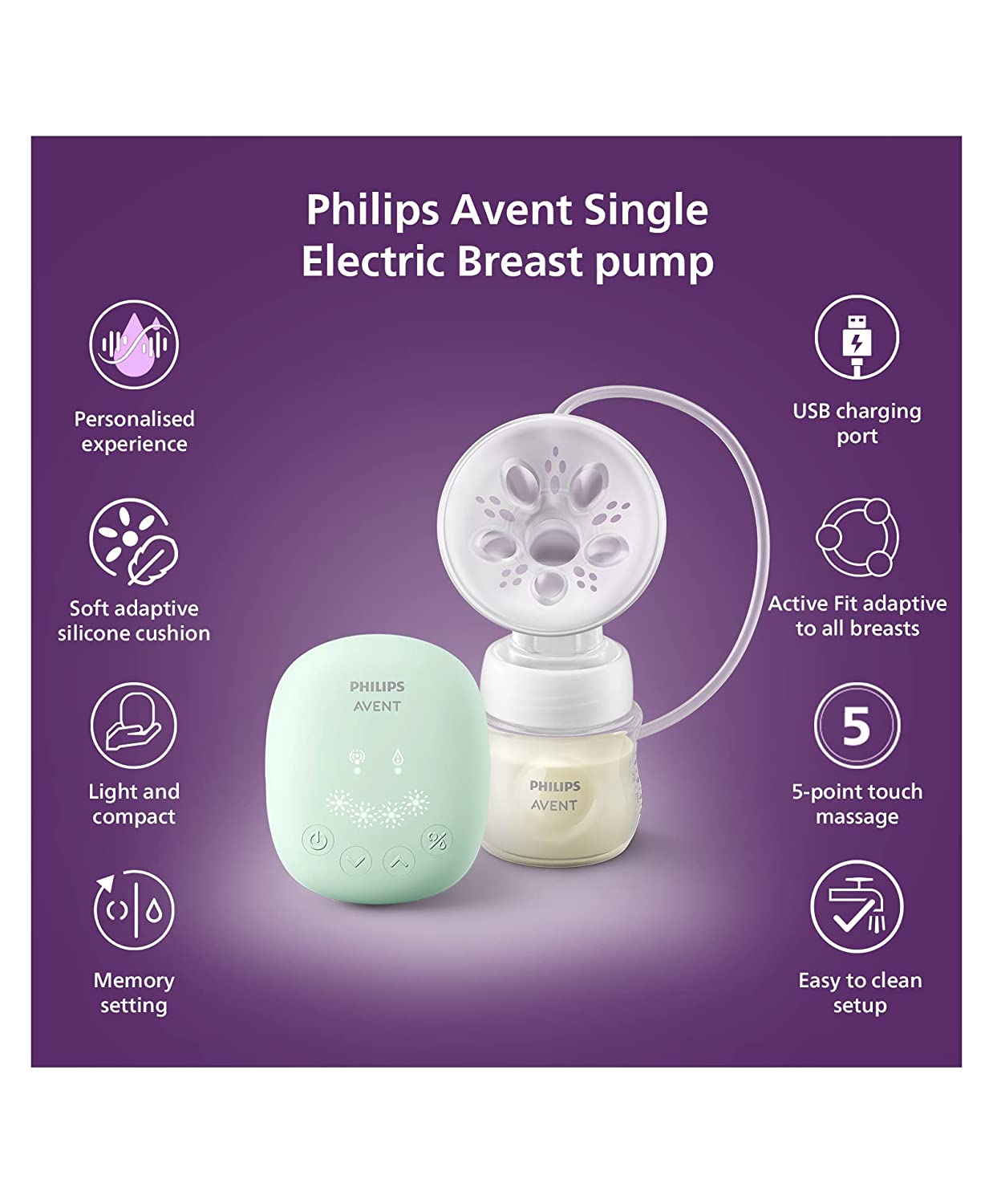 Philips Avent Single Electric Breast Pump SCF323/11 | Soft adaptable cushion | Gently stimulates milk flow | 4 massage modes | Memory function remembers last setting | Portable design