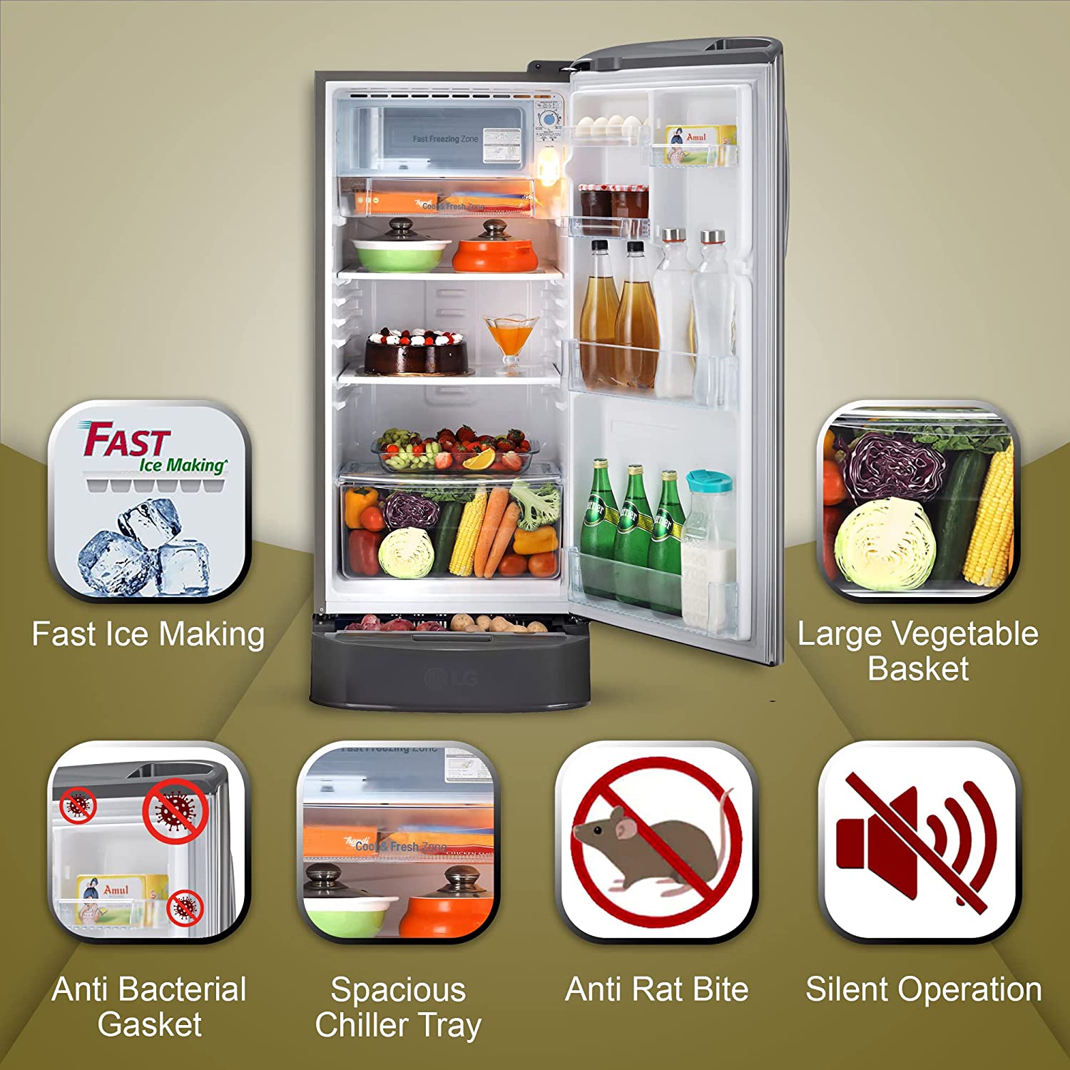 LG 185 L 3 Star Direct-Cool Single Door Refrigerator (GL-D201APZD, Shiny Steel, Base stand with Drawer, Gross Volume- 190 L)