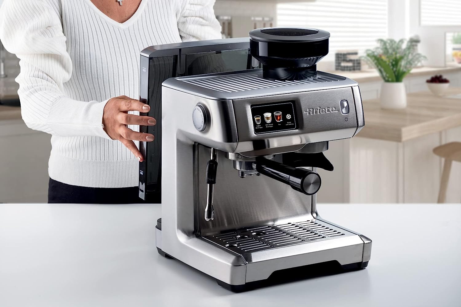 Ariete Metal Coffee Machine 1312, 1600 Watt, 15 Bar, 220 g Bean Capacity, Grinding Adjustment, Digital Display, ESE Pod Compatible, Maxi Cappuccino Device, Silver