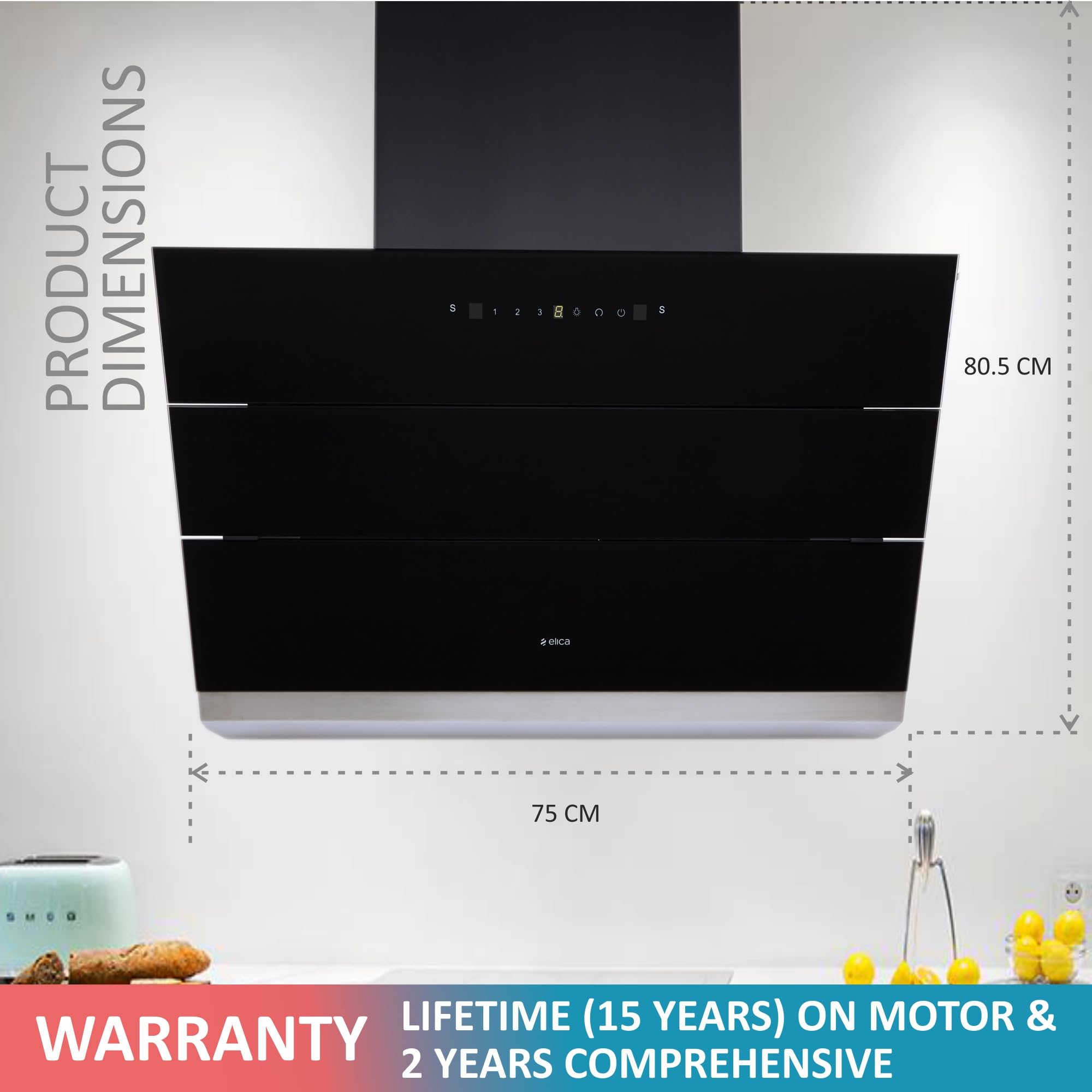 Elica 75 cm 1350 m3/hr Filterless Autoclean Angular Kitchen Chimney with 15 Years Warranty (EFL-S7512 HAC LTW VMS, Touch + Motion Sensor Control, Black)