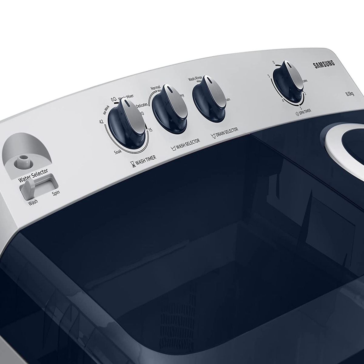 Samsung 8.0 Kg Semi-Automatic 5 Star Top Loading Washing Machine (WT80R4200LG/TL, Light Grey, Royal Blue Lid (Transparent), Hexa Storm Pulsator)