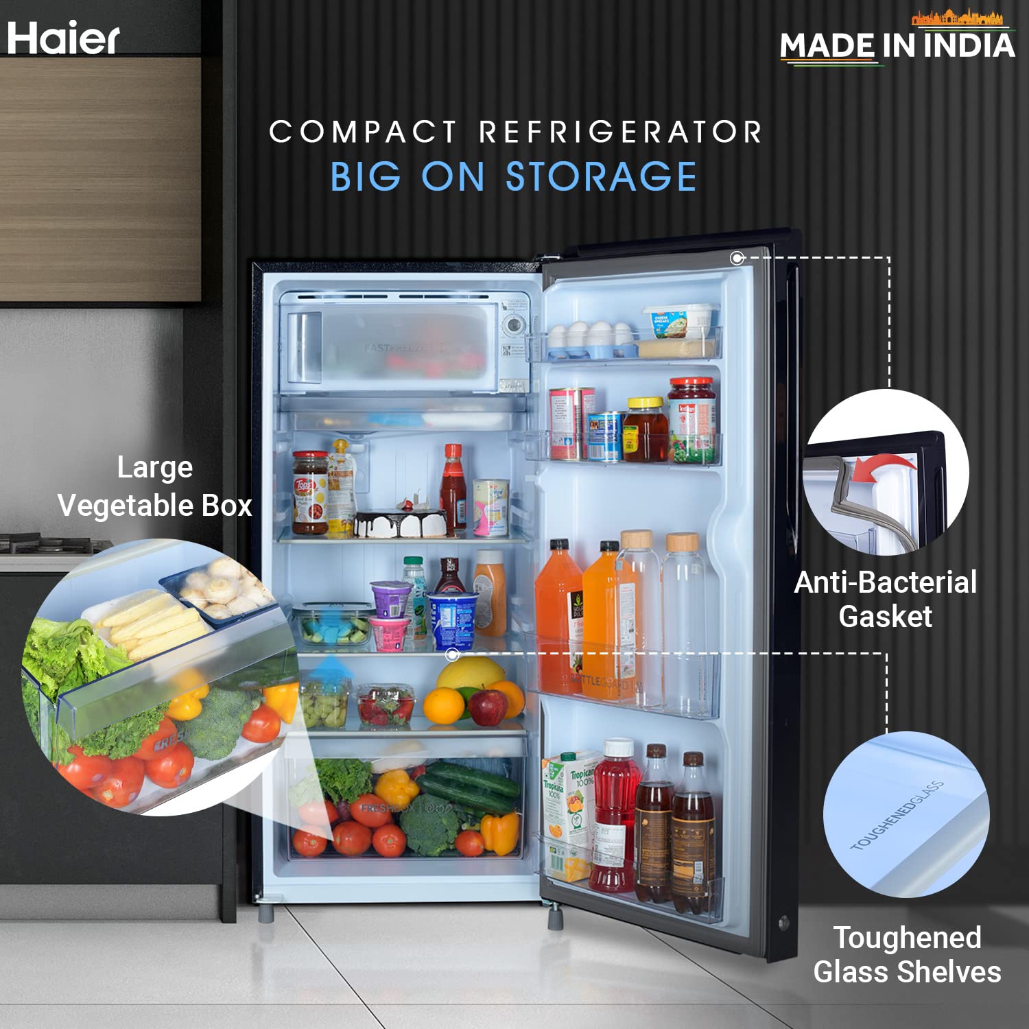 Haier 185L Refrigerator HED-19TGG-N, Holyleaf Glass
