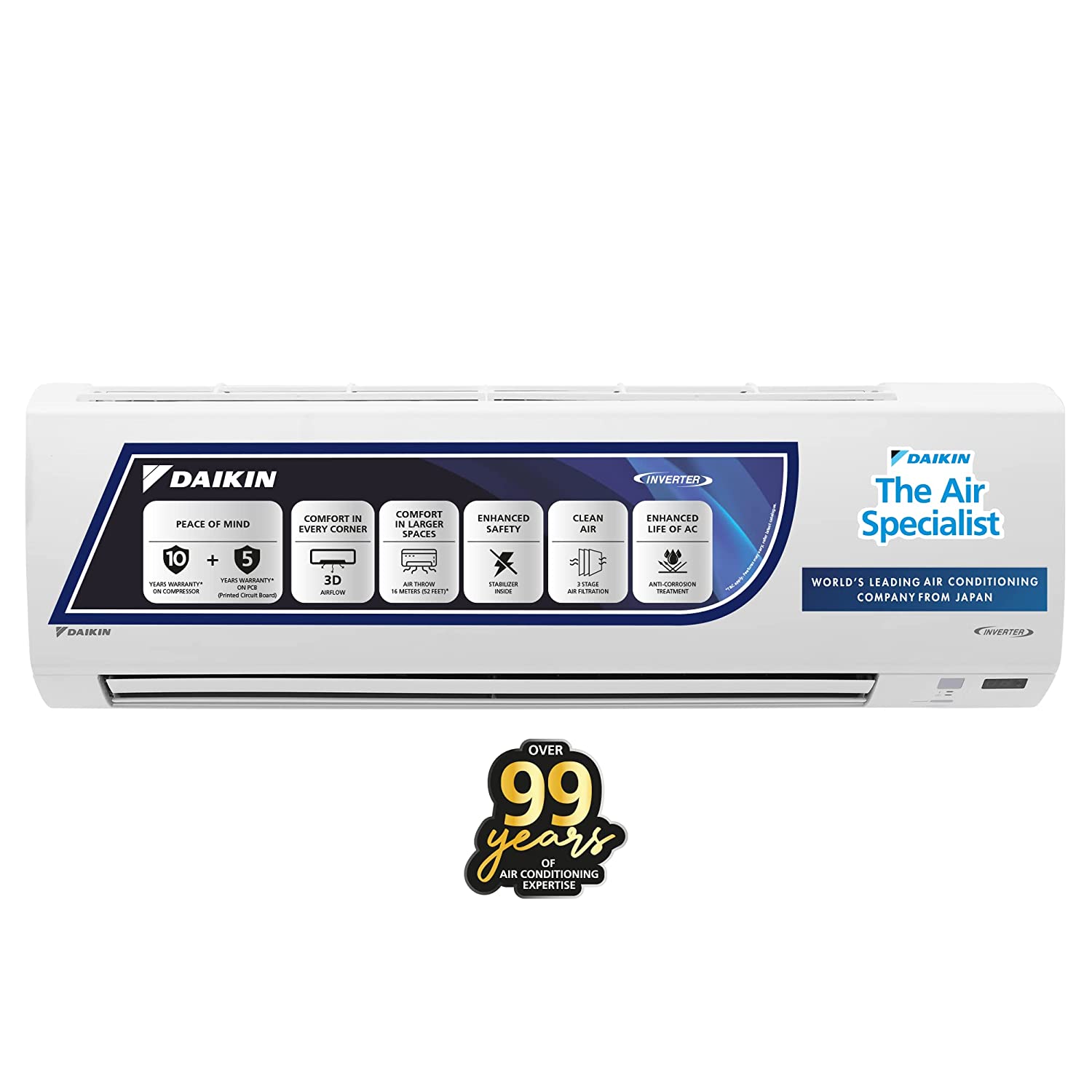 Daikin 1.8 Ton 3 Star Inverter Split AC (Copper, Anti Bacterial Filter, 2022 Model, ATKL60UV16, White)