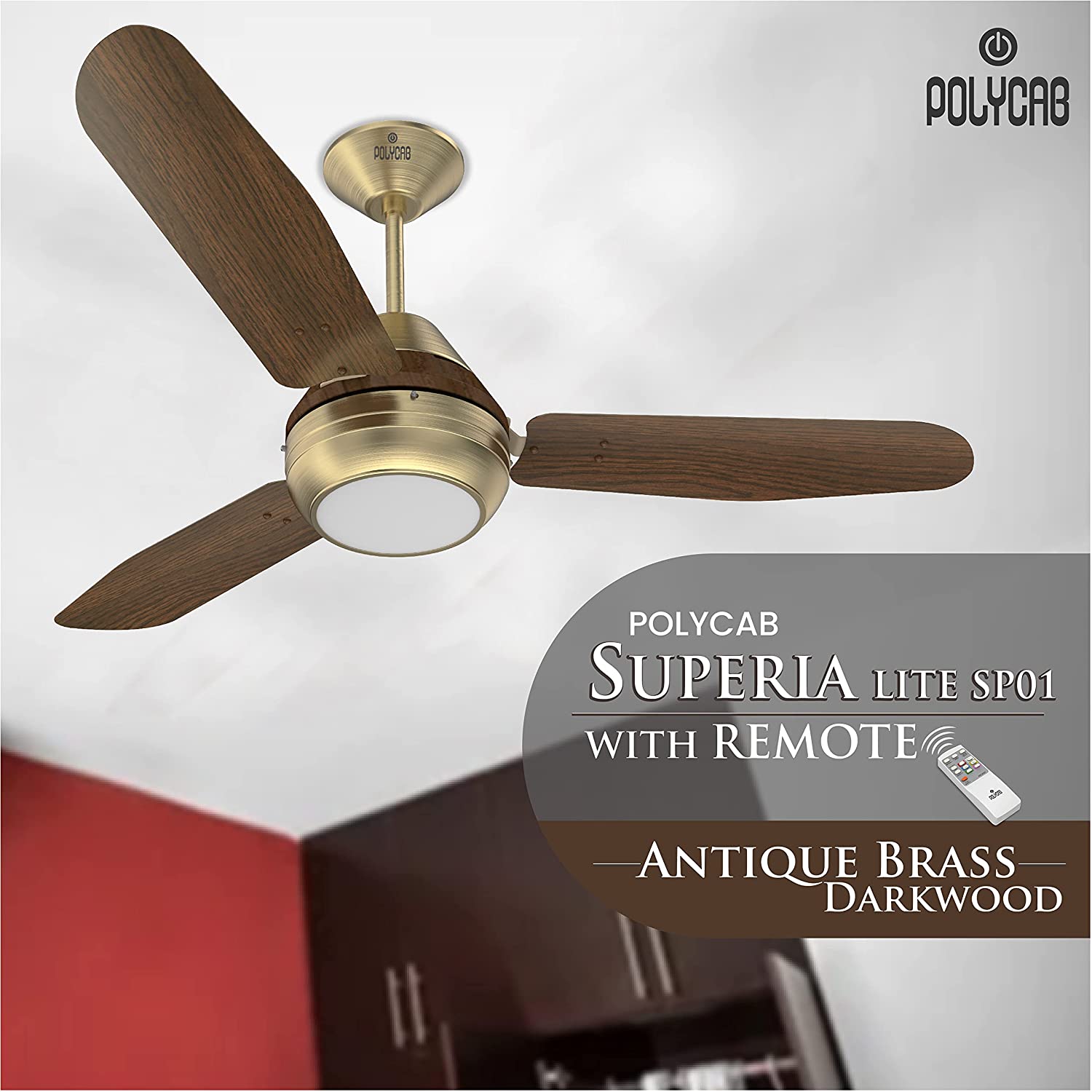 Polycab Superia SP01 Super Premium 1200 mm Underlight Designer Ceiling Fan With Remote, Built-in 6 Colour LED Light and 2 years warranty (Antique Brass Darkwood)