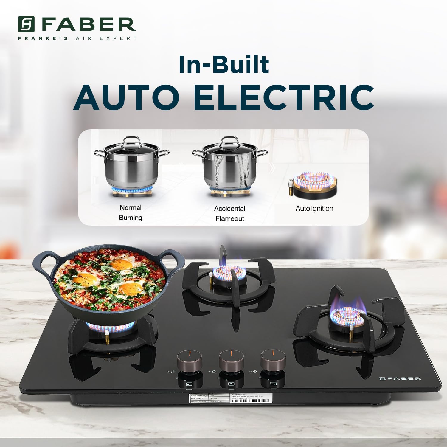 Faber 3 Burner 70cm Hob |Auto-Ignition| HOB PRIME HT703 CRS BR CI AI |Metal Knobs| Cast Iron Pan Support |Hob/Cooktop Hybrid| Black Glass Finish |5 Yr Warranty on Glass,Valve & 2 Yr on Burner