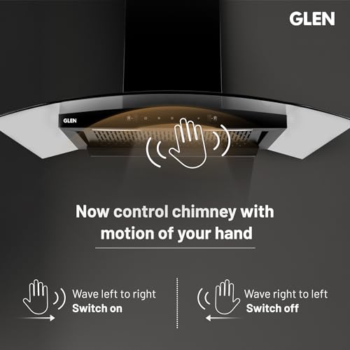 GLEN 90 cm 1200m3/hr Auto-Clean Filterless Curved Glass Kitchen Chimney With Motion Sensor+Touch Controls (Senza Black)