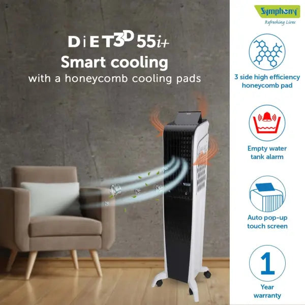 Symphony Diet 3D 55i+ Air Cooler For Home with 3-Side Honeycomb Pads, Magnetic Remote