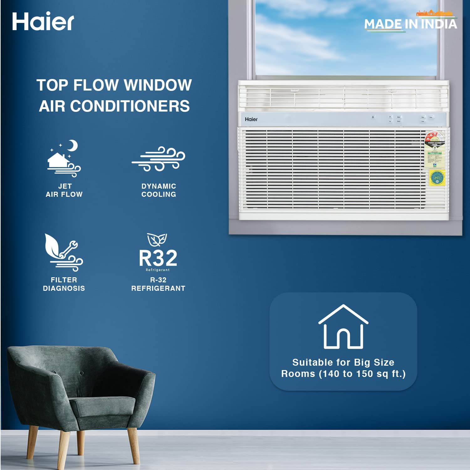 Haier 1.5 Ton 3 Star Fixed Speed Window AC (Copper, Antibacterial Filter, 2023 Model, HWU18TF-EW3BE-FS, White)