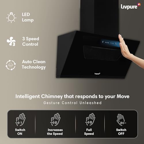 Livpure Emerald-Neo-90 1400 m3/hr Slant |Filterless Auto-Clean Kitchen Chimney with oil collector|10 Year Warranty On Motor (2 Year Comprehensive), (Touch And Gesture Control, Black)