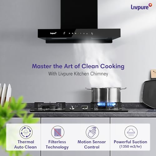 Livpure Ether 60 1350 m3/hr T Shape | Filterless Autoclean Kitchen Chimney |10 Yr Warranty On Motor, 2 Yr Comprehensive |Touch & Gesture Control, Black