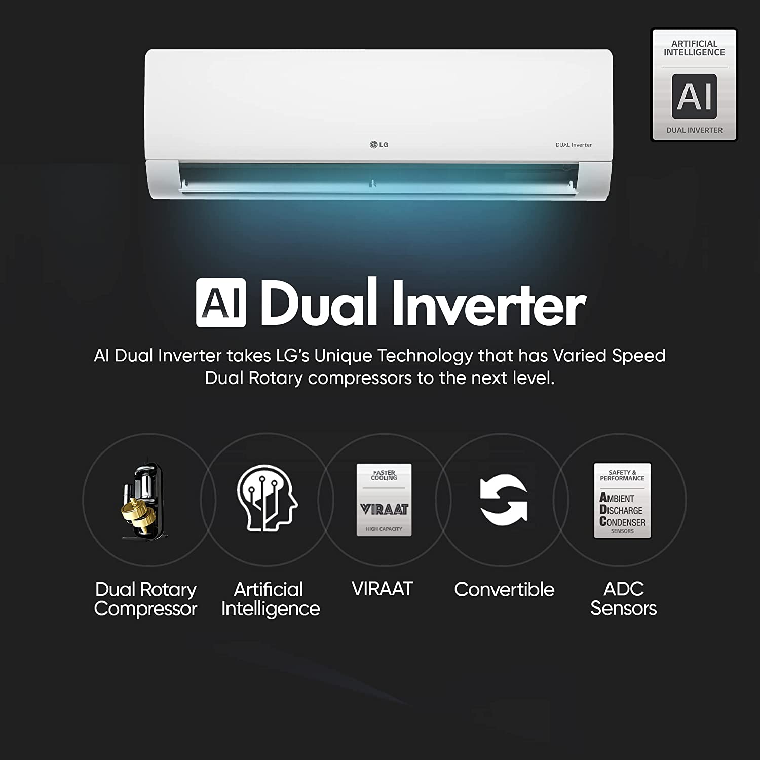 LG 2.0 டன் 3 ஸ்டார் AI டூயல் இன்வெர்ட்டர் ஸ்பிளிட் AC RS-Q24ENXE, வெள்ளை