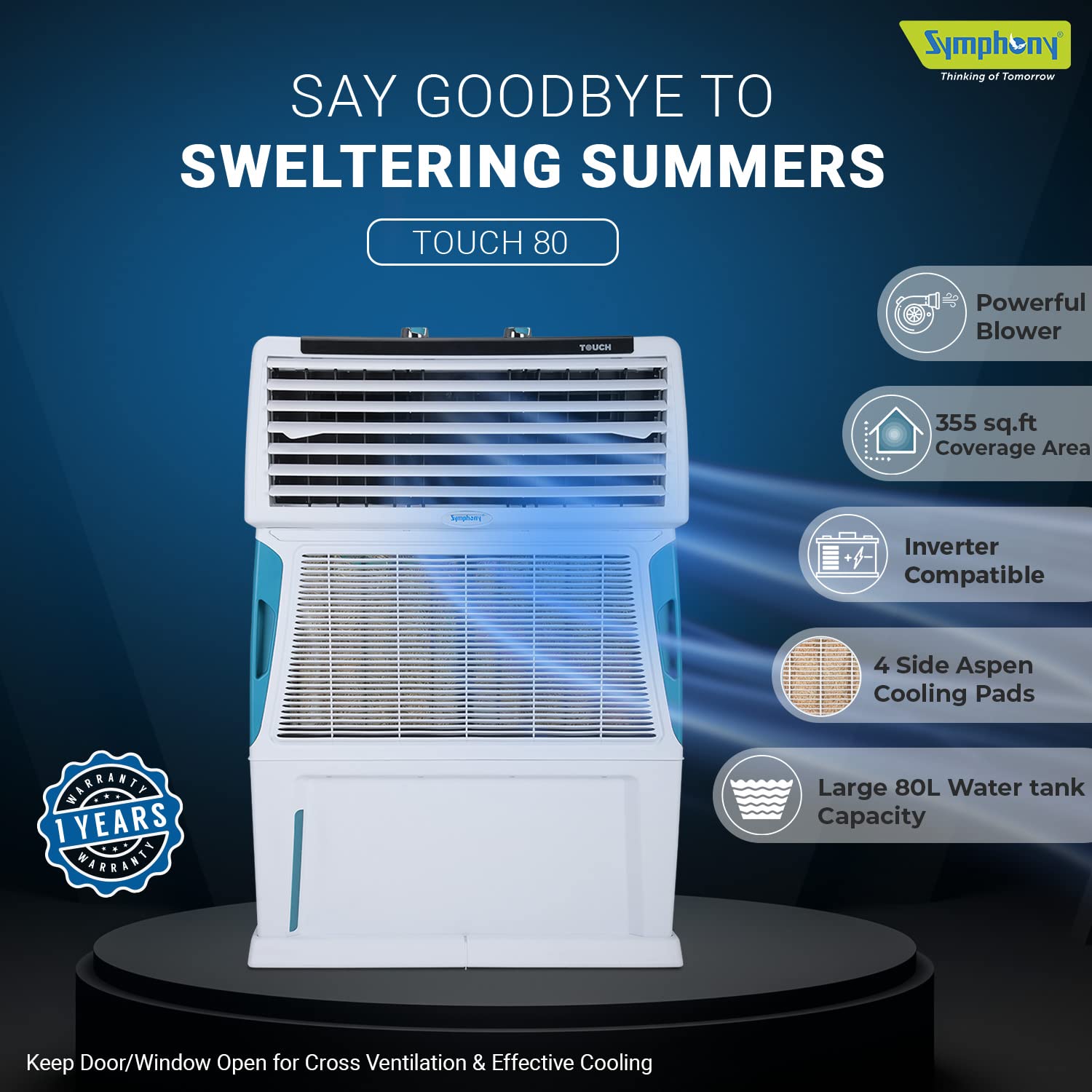 Symphony Touch 80 Personal Air Cooler ‎80 Litres White With i-Pure Technology
