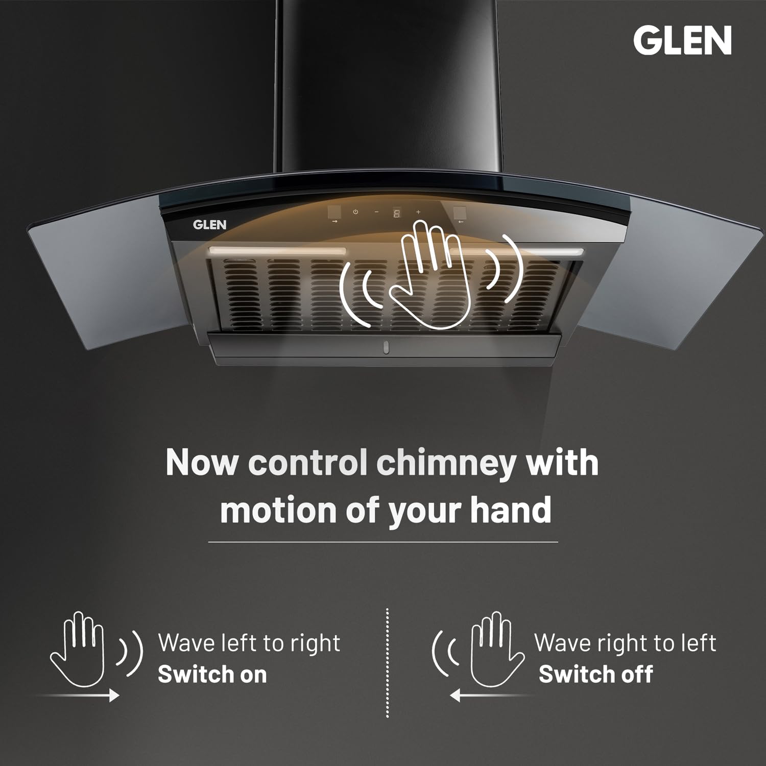 GLEN 90 cm 1500m3/hr Auto-Clean Filterless Curved Glass Kitchen Chimney With Motion Sensor+Touch Controls (Senza Turbo Black)