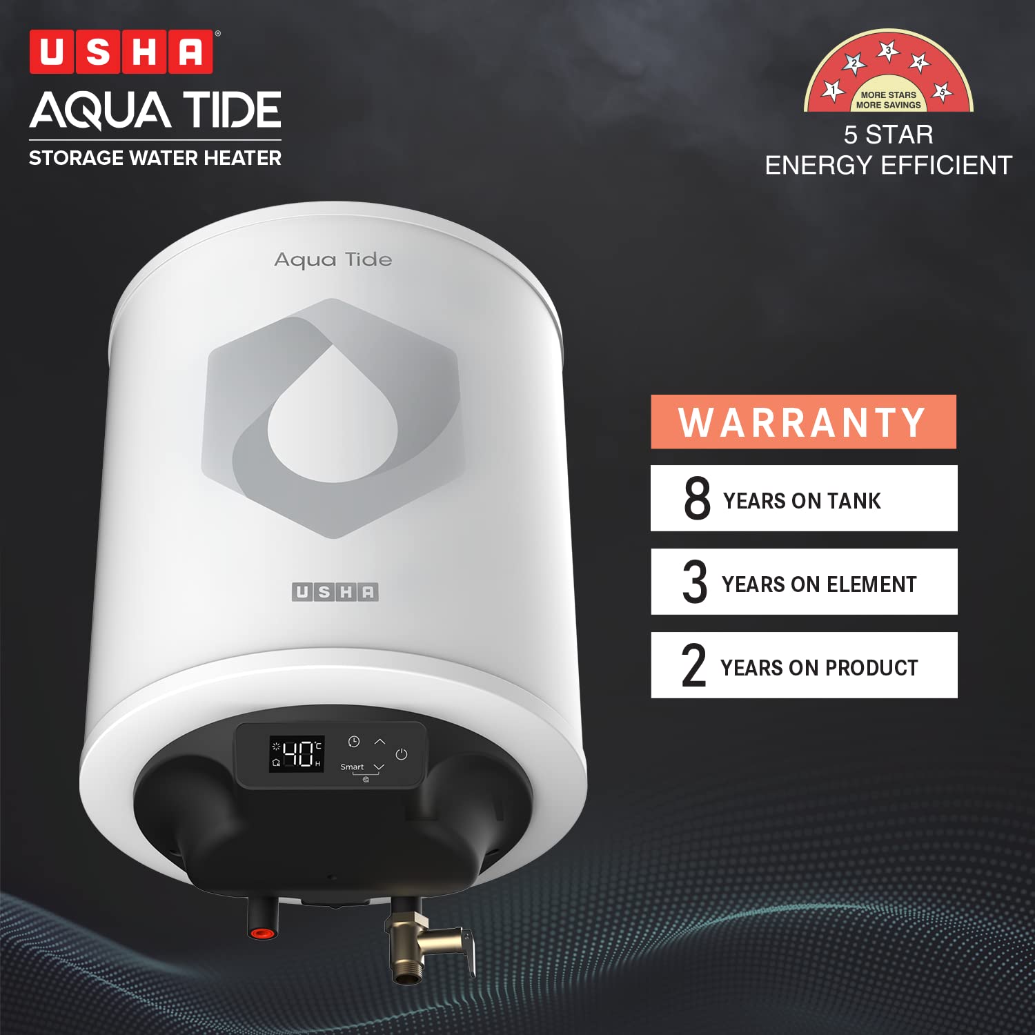 Usha Aqua Tide 25 Litre 5 Star Digital Storage Water Heater (White), Wall Mounting