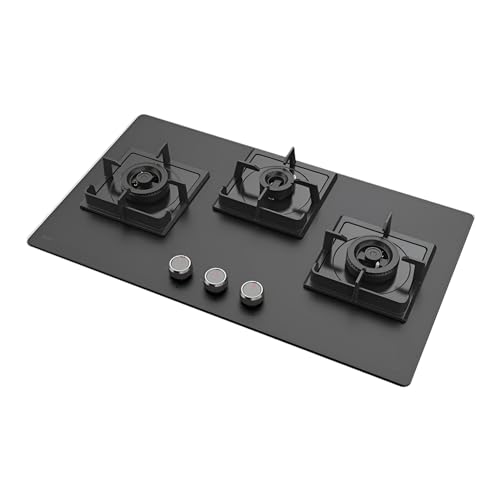 Kaff NYG 783B High Efficiency Full Brass Burners, Flame Failure Device, Heavy Duty Cast Iron Pan Support with integrated flame protector, Metal Knob 8mm Premium Matte Black Tempered Glass