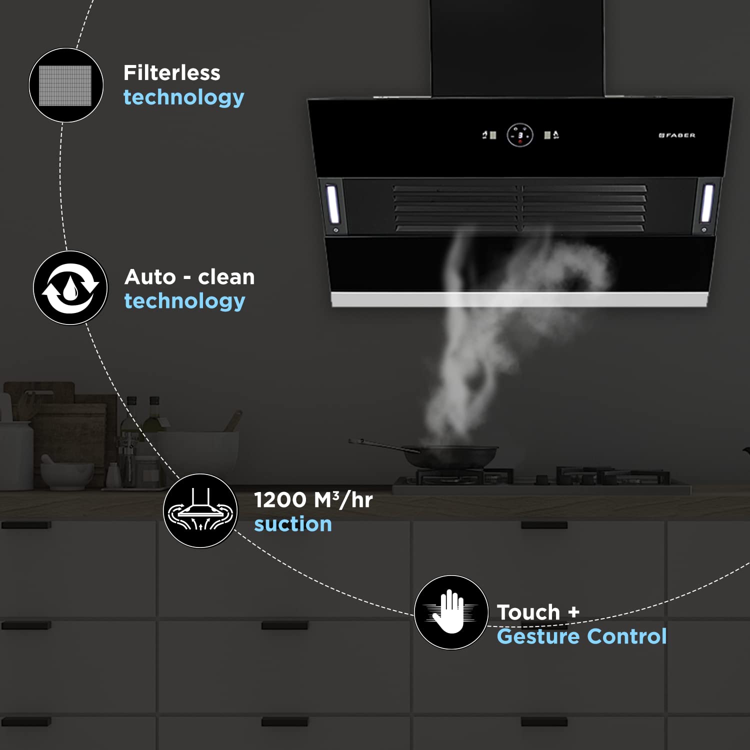 Faber 75 cm 1200 m3/hr Slant, Filterless Auto Clean Chimney (HOOD VERTIGO FL SC AC BK 75, Black)