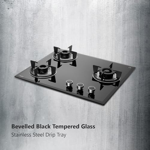 KAFF FBB 603 Built-in Hob/Hobtop 3 Burners, Auto Electric Ignition Glass Top, 60 CM, Full Brass Burner, 8 MM Thick Toughened Glass Bevelled Black Tempered Glass (Black)