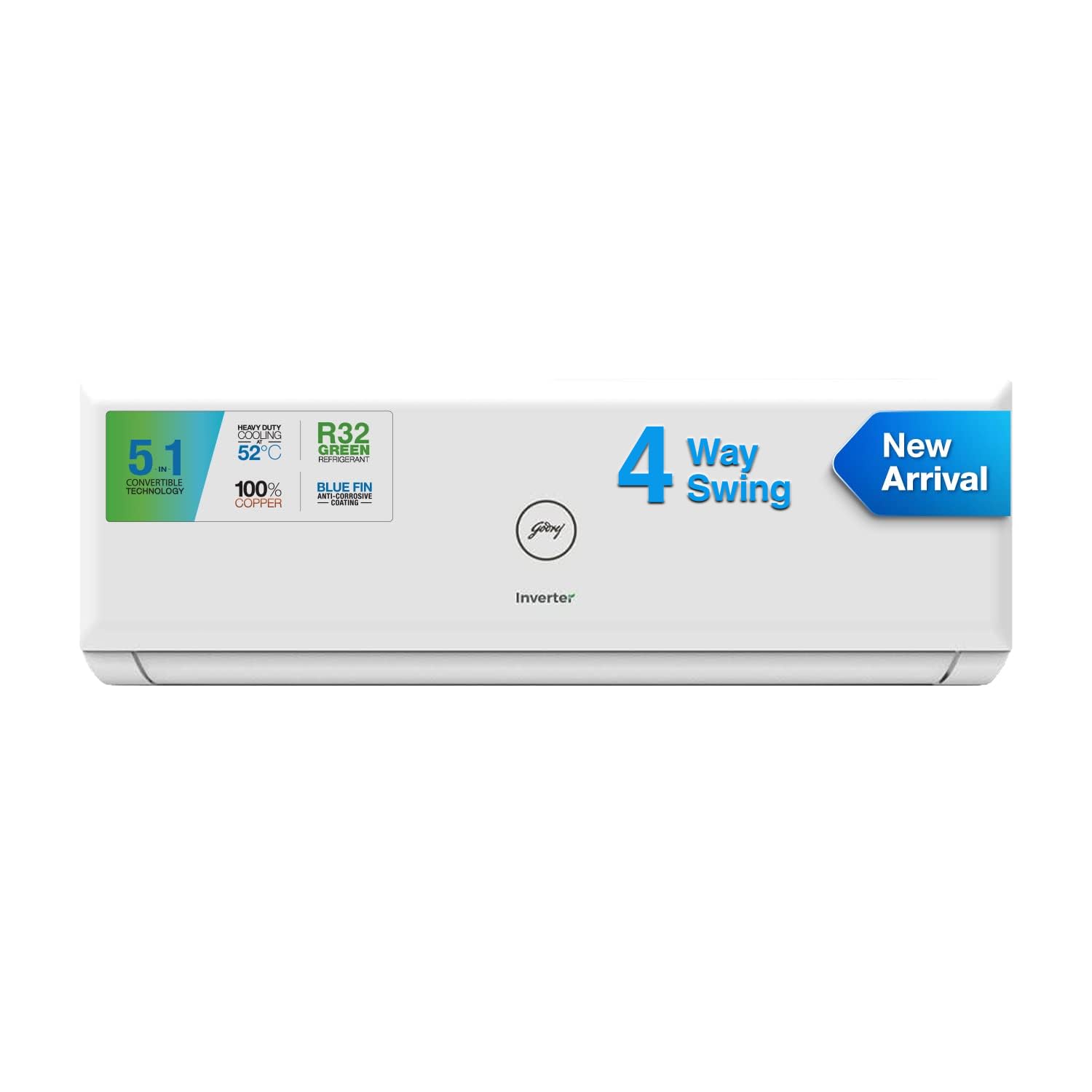 Godrej 1.5 Ton 4 Star 4 Way Swing, Inverter Split AC(Copper, 5-In-1 Convertible Cooling, Anti-Corrosive blue fins, 2023 Model, AC 1.5T EI 18PINV4R32-WWP, White)