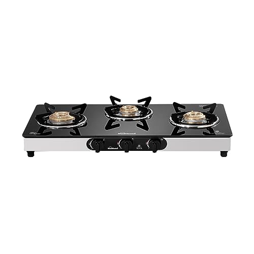 Sunflame Crystal Nova 3 Burner Gas Stove | Dual Drip Trays | 1 Jumbo, 1 Medium and 1 Small Brass Burner | 2 Year Product Coverage by Sunflame | Manual Ignition | PAN India Presence
