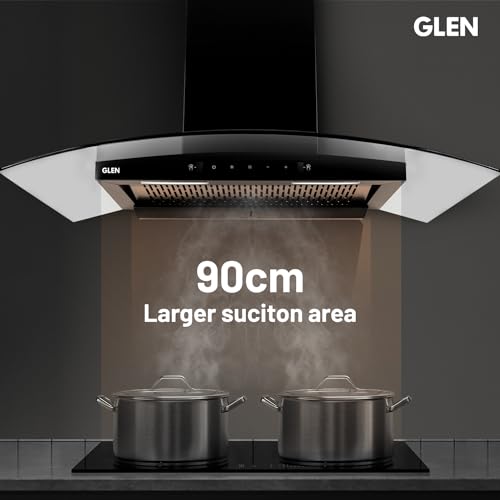 GLEN 90 cm 1200m3/hr Auto-Clean Filterless Curved Glass Kitchen Chimney With Motion Sensor+Touch Controls (Senza Black)
