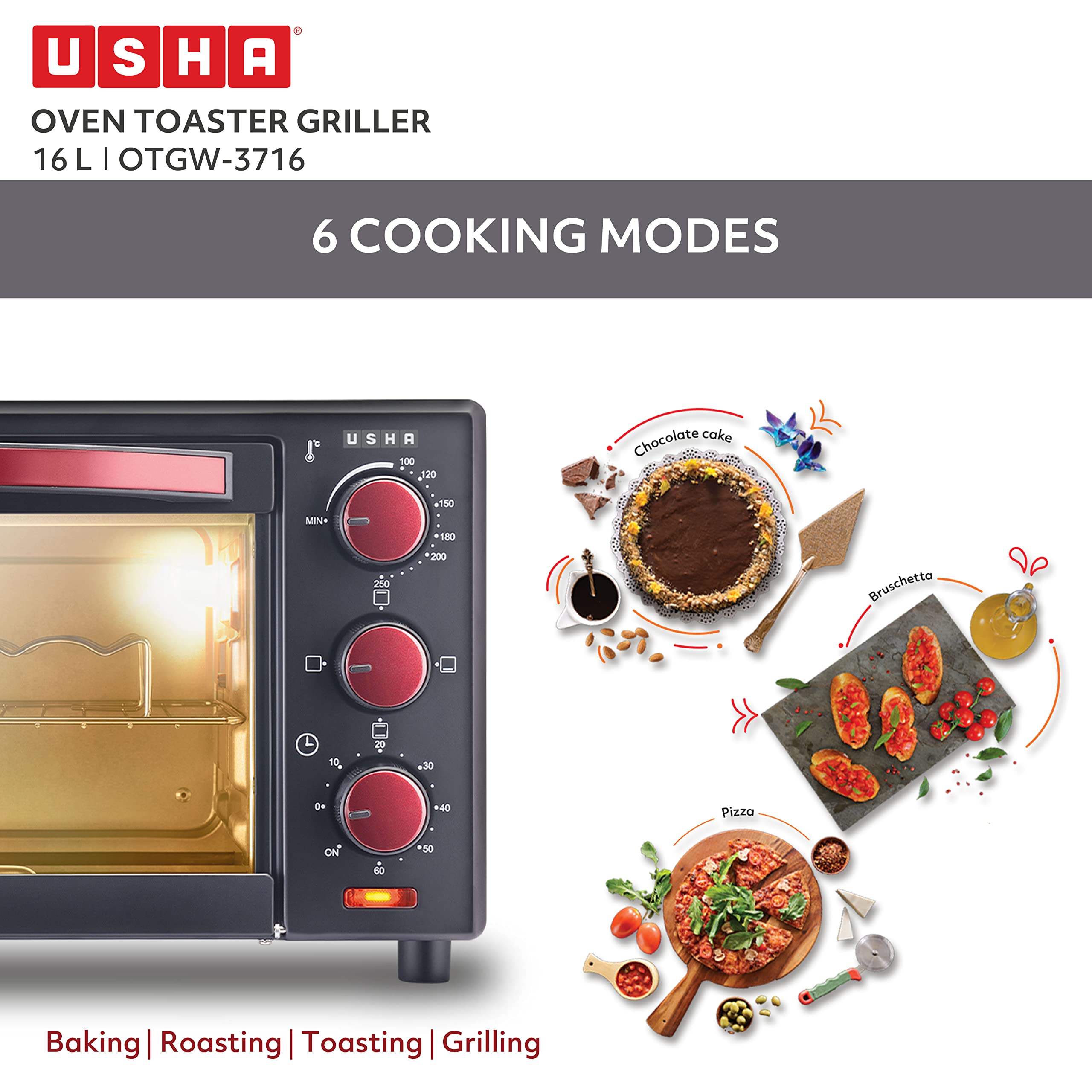 Usha 3716 16 Liters Oven Toaster Grill with 5 Accessories, 1200 W, 3 mode Heating Function(Maroon)