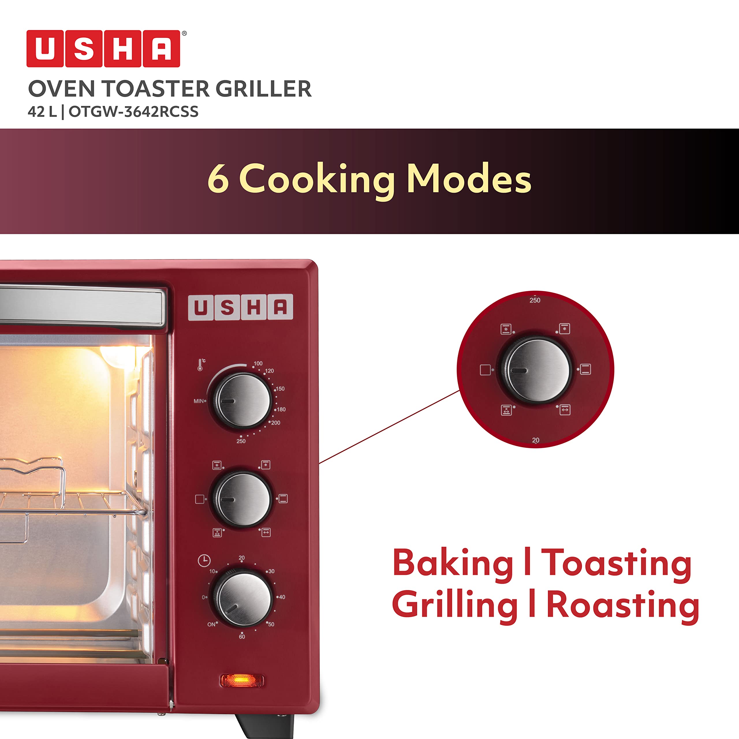 USHA 3642Rcss 42 Liters Oven Toaster Grill With Rotisserie And Convection, 2000 Watts, 6 Mode Heating Function (Stainless Steel & Wine)