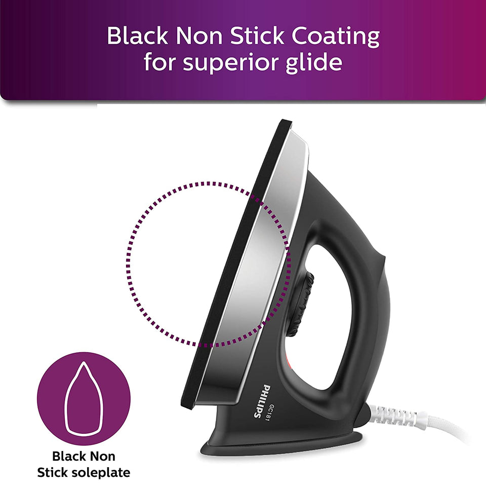 Philips GC181/80 dry iron side view highlighting the black non-stick soleplate