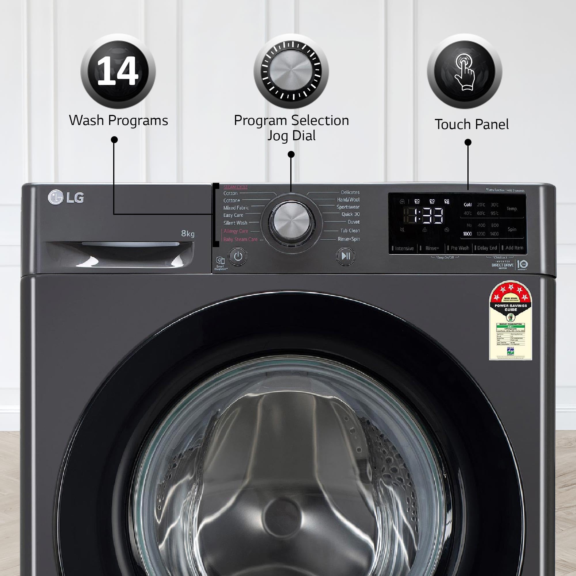 LG 8 Kg, 5 Star, AI Direct Drive Technology, Steam & 6 Motion DD Fully-Automatic Front Load Washing Machine (FHP1208Z3M, Intelligent & Convenient Fabric Care, Allergy Care, Middle Black)