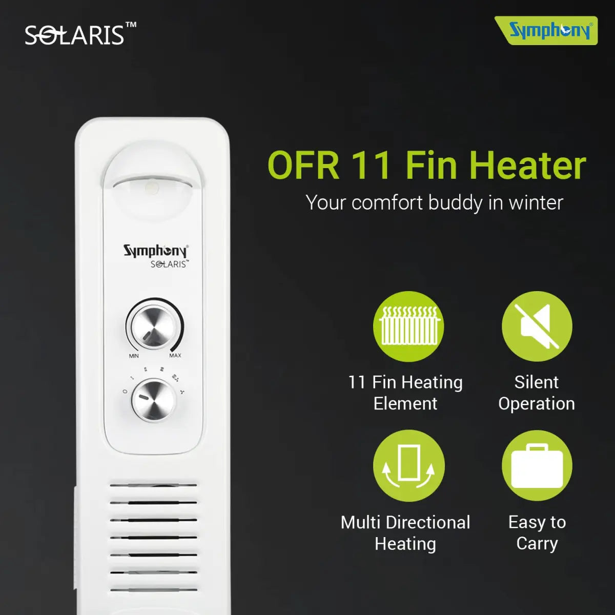 Symphony Solaris OFR 11 fin 2900W Room Heater for Home with Oil-filled radiator, 11 fins, and Multidirectional Heating (Off White)