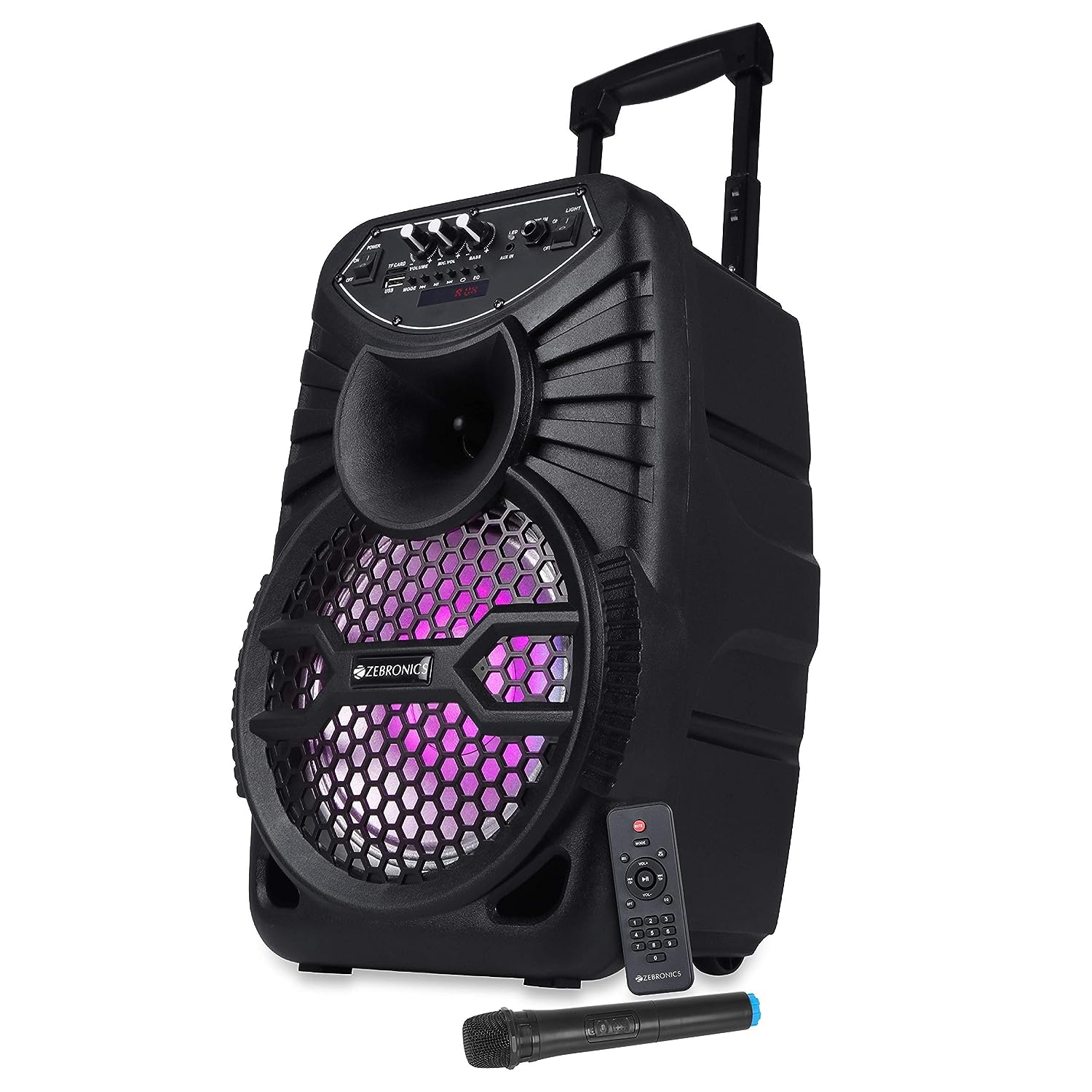 Zebronics ZEB-100 MOVING MONSTER X8L Wireless Bluetooth Trolley Speaker With Supporting SD Card, USB, AUX, FM, Remote Control, Wireless Mic & RGB Lighting. (24 Watt)