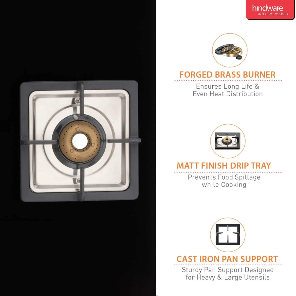 Hindware Lorenzo 3B - 3 Forged Brass Burner Gas Stove (Black)