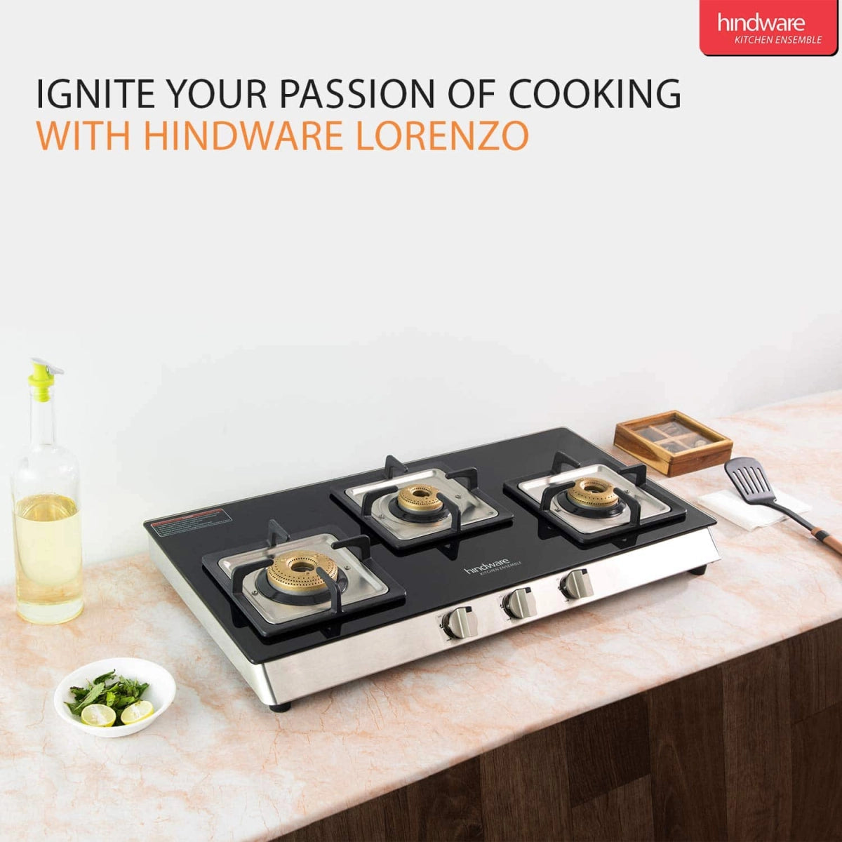 Hindware Lorenzo 3B - 3 Forged Brass Burner Gas Stove (Black)