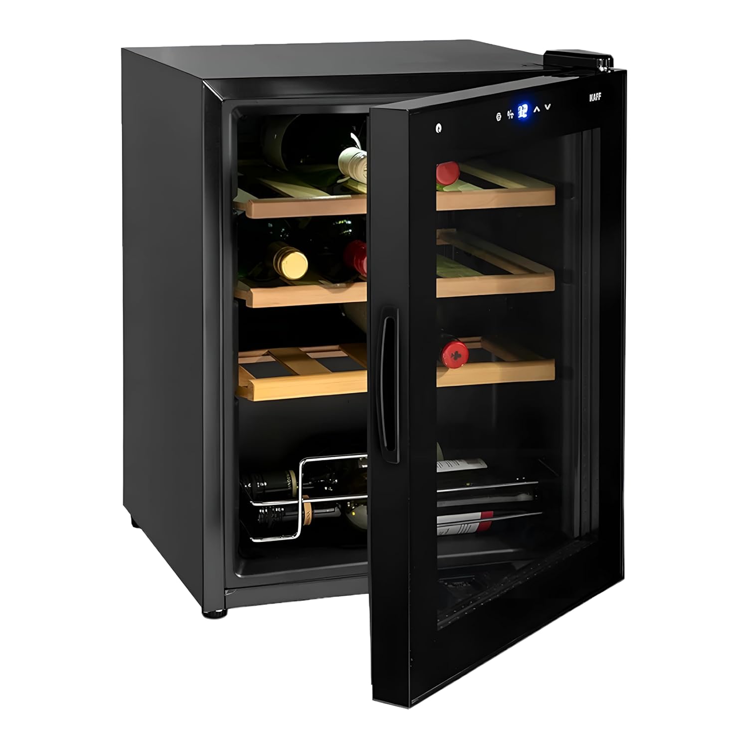 KAFF WC 48 TH BW | Capacity – 16 Bottles | Touch Control with LED Display | Auto Defrost | Memory Function | Child Lock | Black Glass Door | Wine Cooler