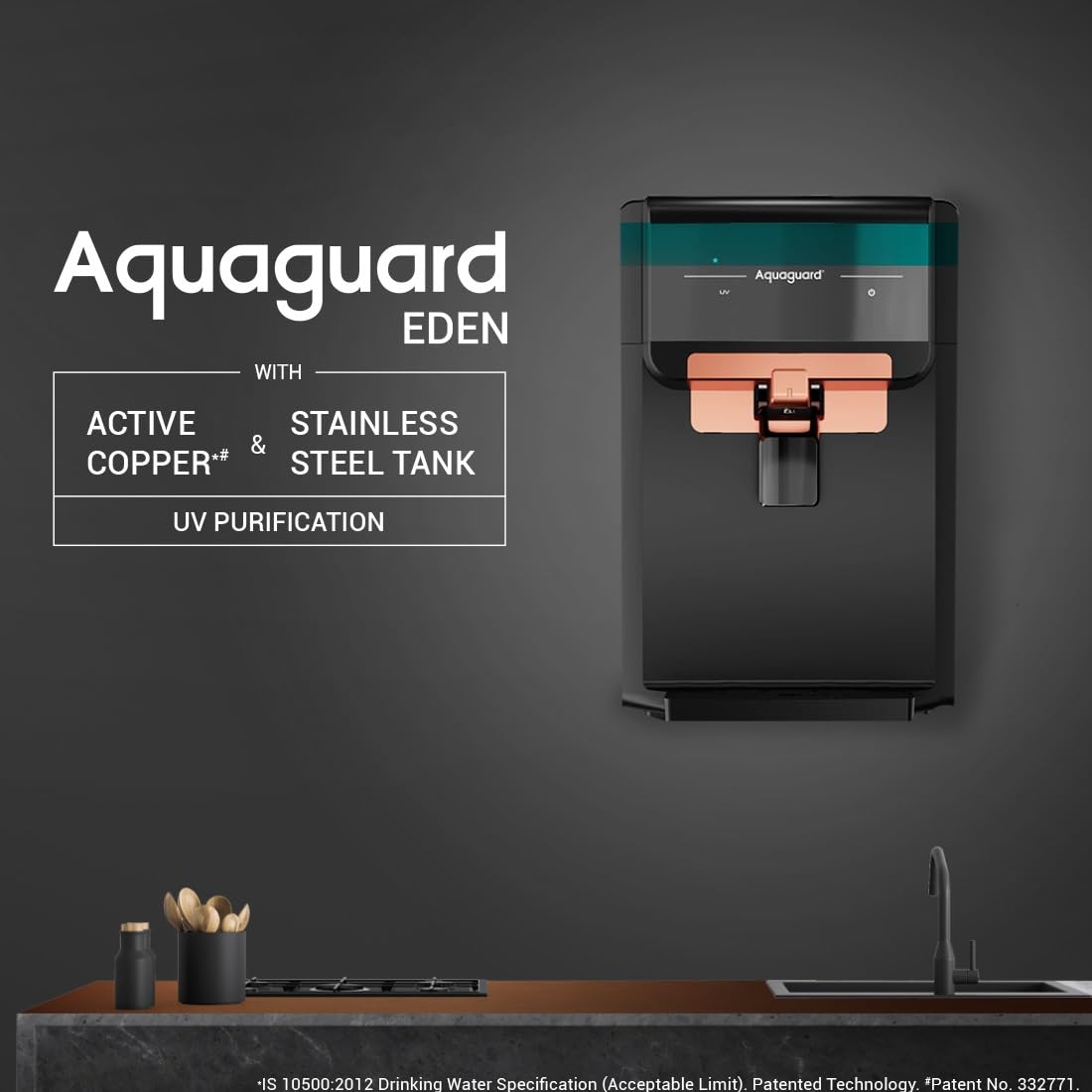 Aquaguard Eden Stainless Steel Tank 7-Stage UV+Active Copper Tech Water Purifier with 2 Complimentary Alkaline Water Bottles | Suitable only for Municipal Water (TDS <200 ppm)