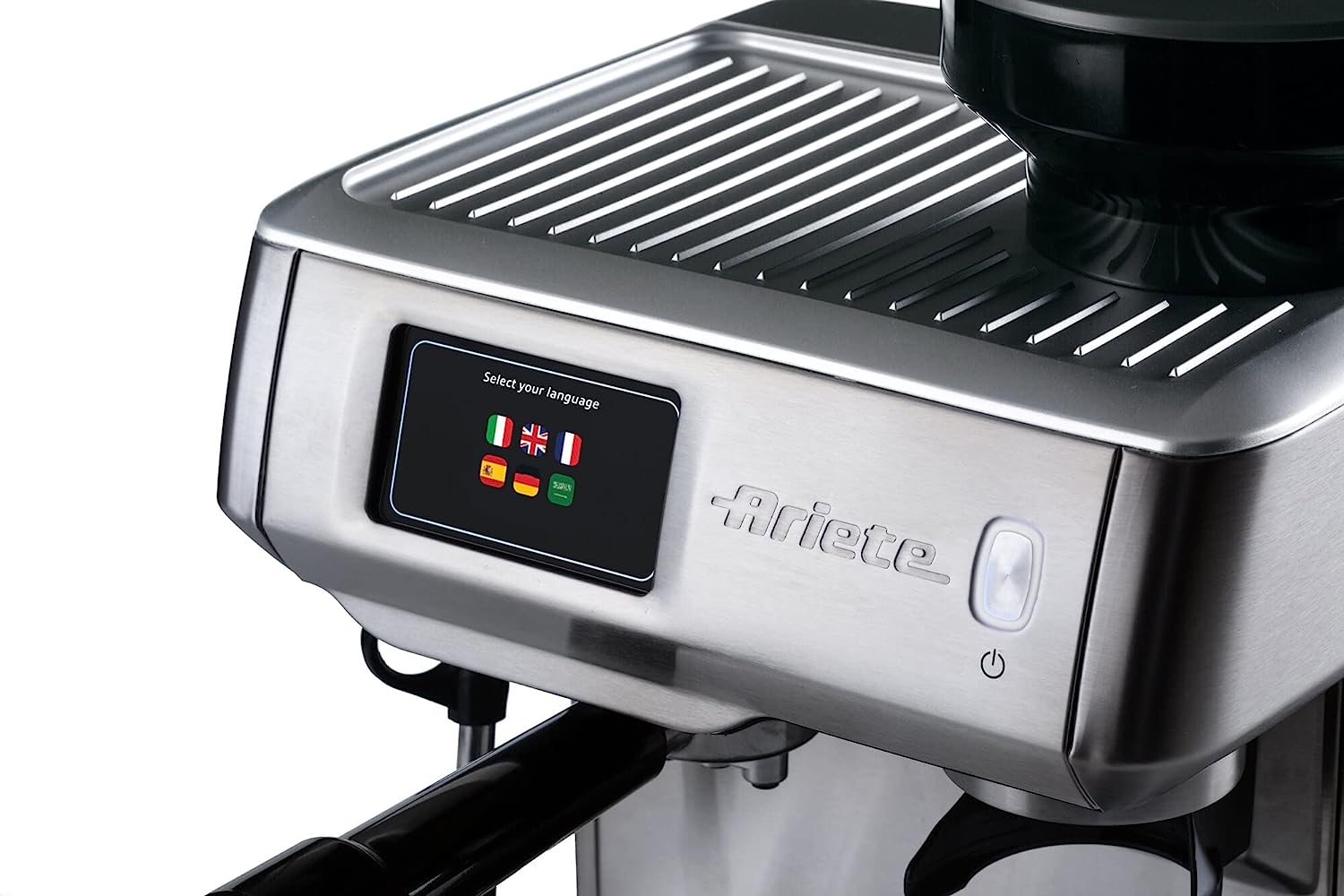 Ariete Metal Coffee Machine 1312, 1600 Watt, 15 Bar, 220 g Bean Capacity, Grinding Adjustment, Digital Display, ESE Pod Compatible, Maxi Cappuccino Device, Silver