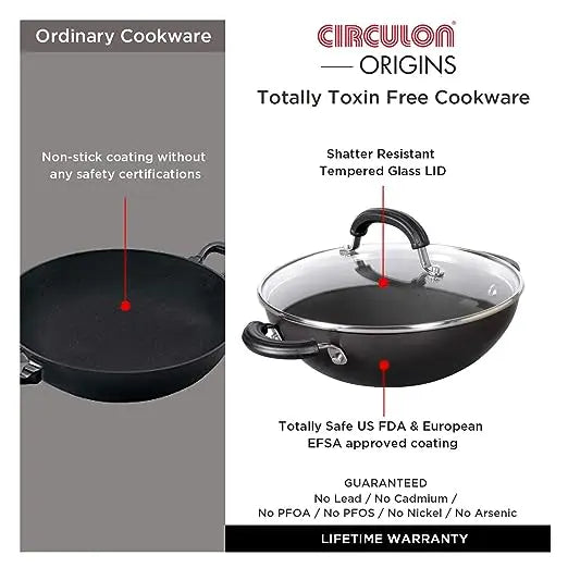 Meyer Circulon Origins Non-Stick Aluminium Kadhai with Lid 30cm Black