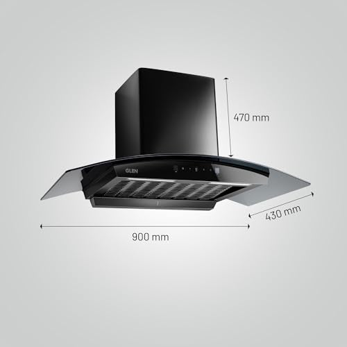 GLEN 90 cm 1500m3/hr Auto-Clean Filterless Curved Glass Kitchen Chimney With Motion Sensor+Touch Controls (Senza Turbo Black)