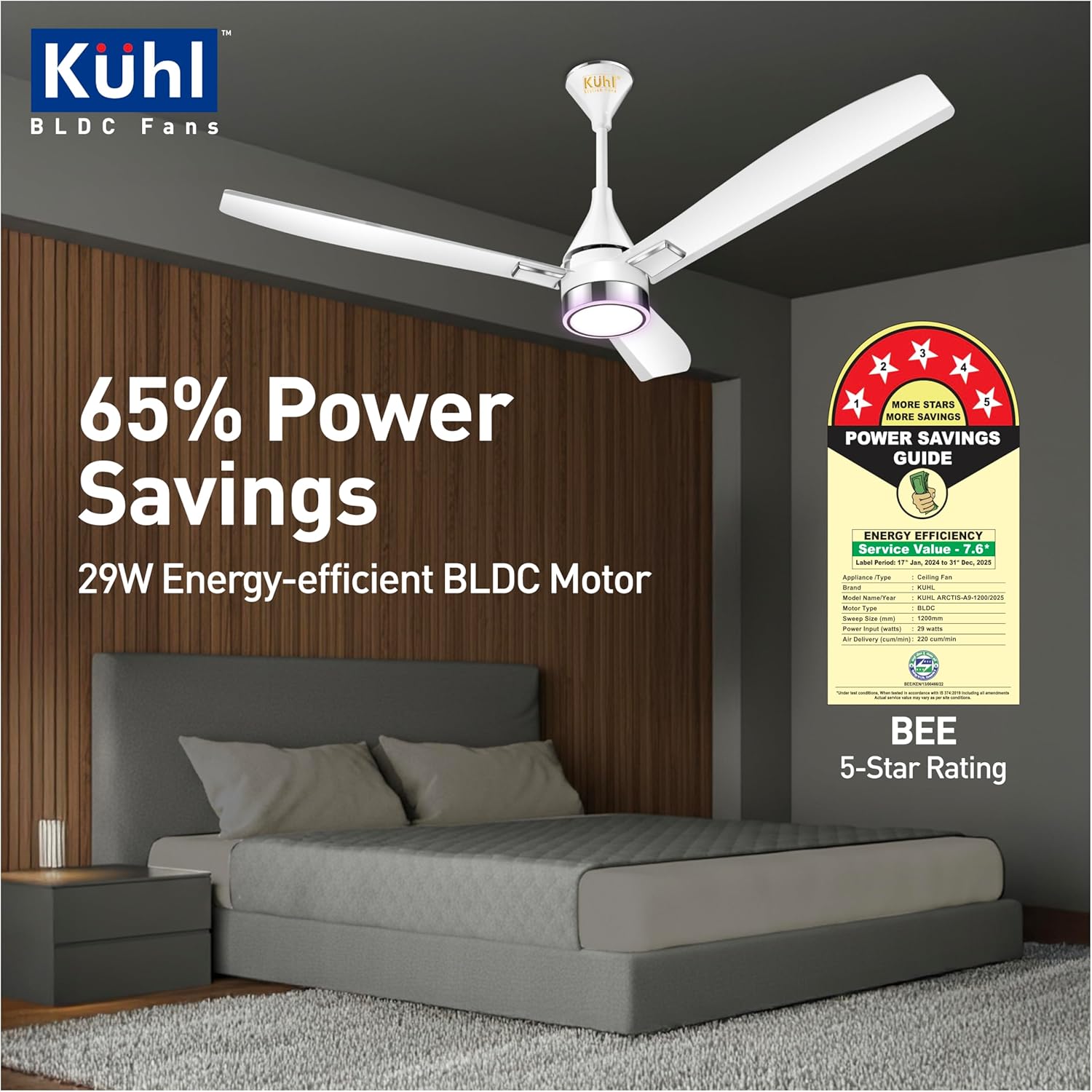 KUHL Arctis A9 1200mm BLDC Ceiling Fan with Remote | BEE 5 Star & ISI Marked | 65% Power Savings | Down Light