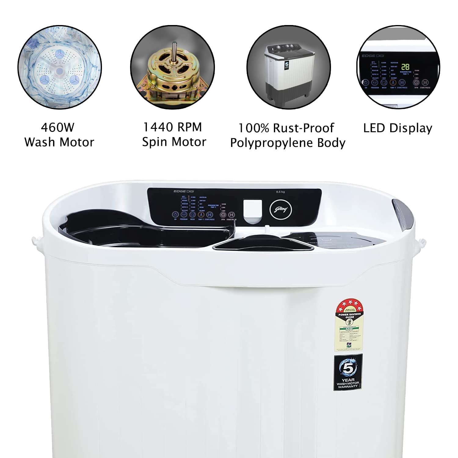 Godrej 8.5 Kg 5 Star With 60-degree Hot Wash Semi-Automatic Top Load, LED Digital Display Washing Machine (WSEDGE DIGI 85 5.0 PB2 M GPGR, Graphite Grey)