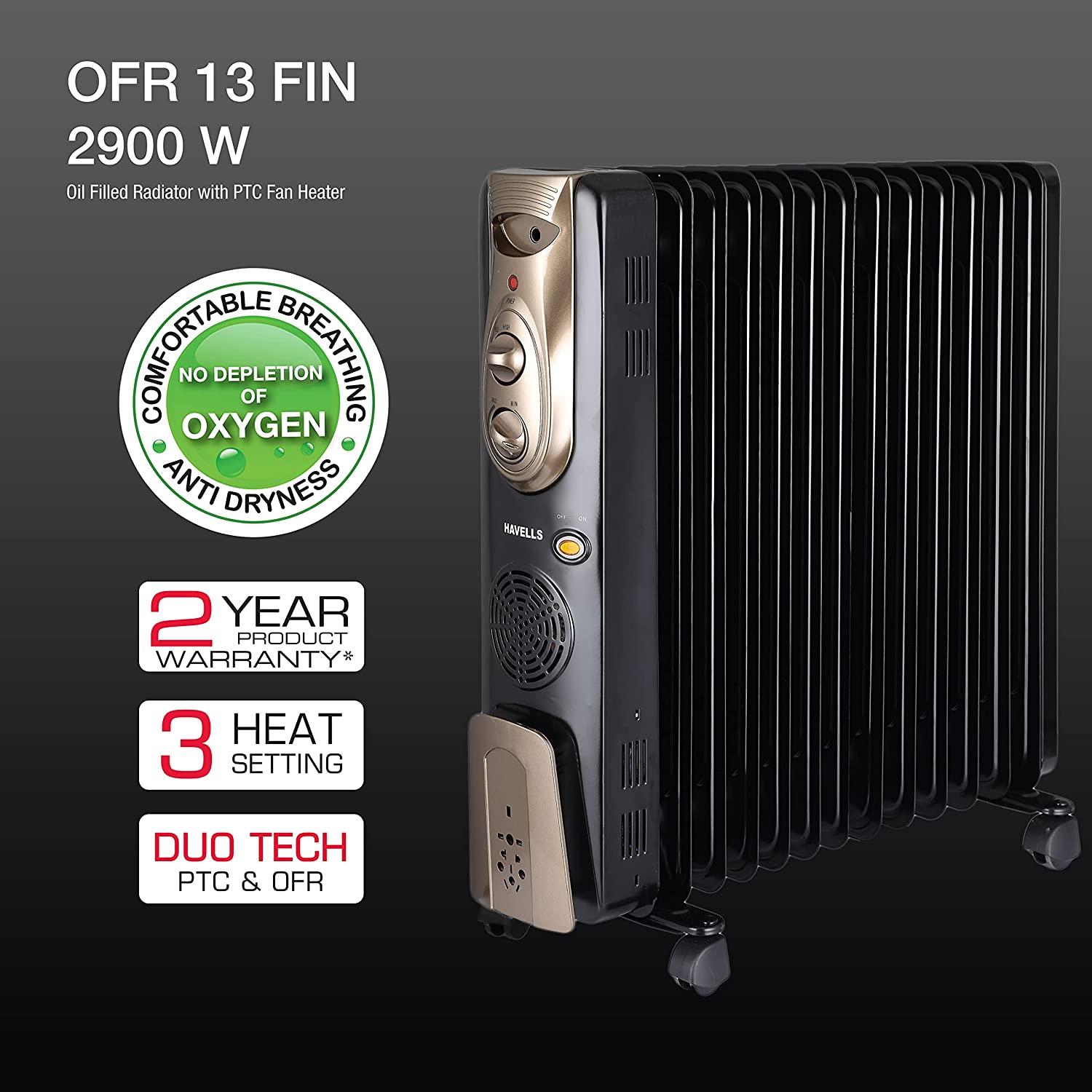 ஹேவெல்ஸ் OFR - 13ஃபின் 2900-வாட் PTC ஃபேன் ஹீட்டர் (கருப்பு) 