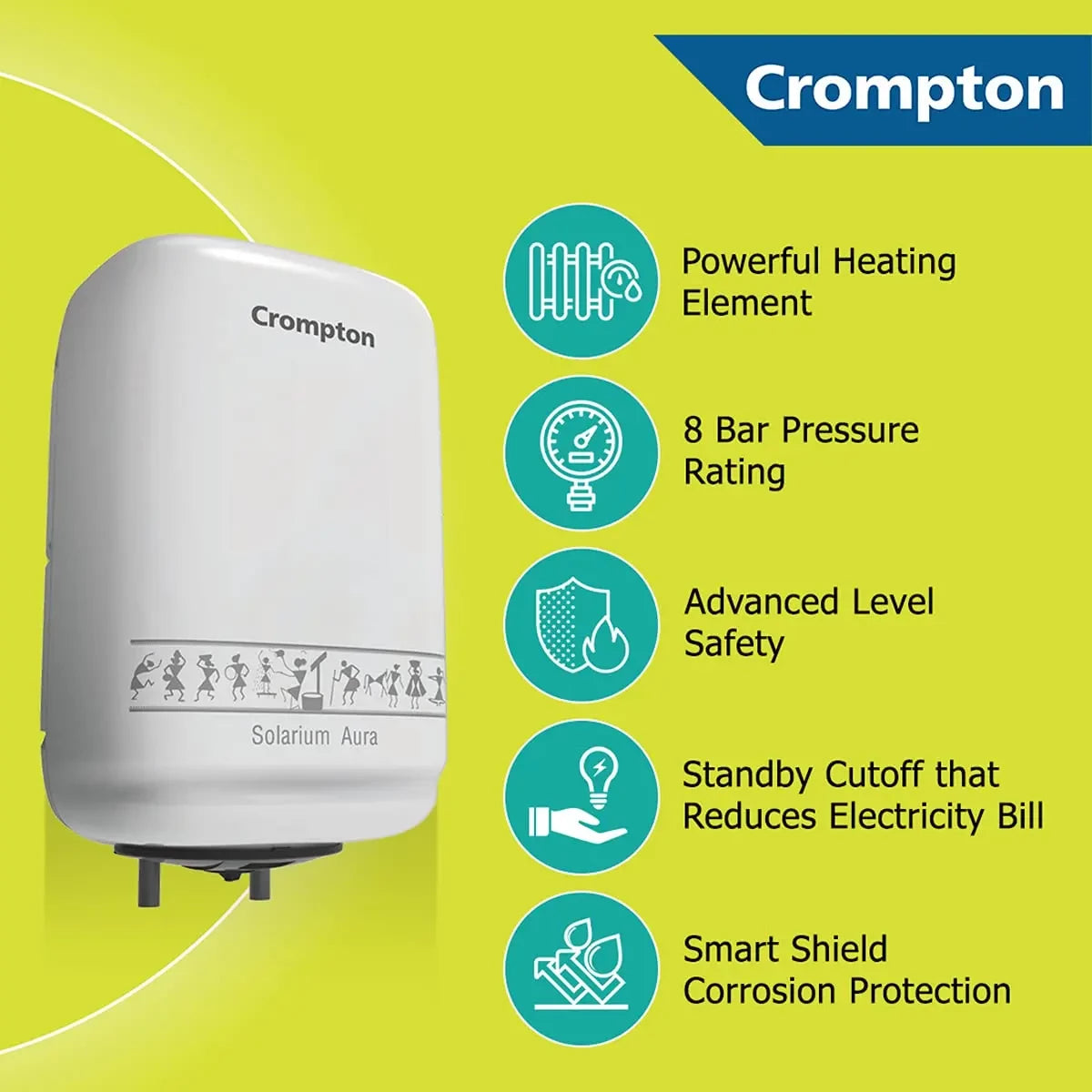 Crompton Solarium Aura 2000-Watt Storage Water Heater (White) - 25 Liter