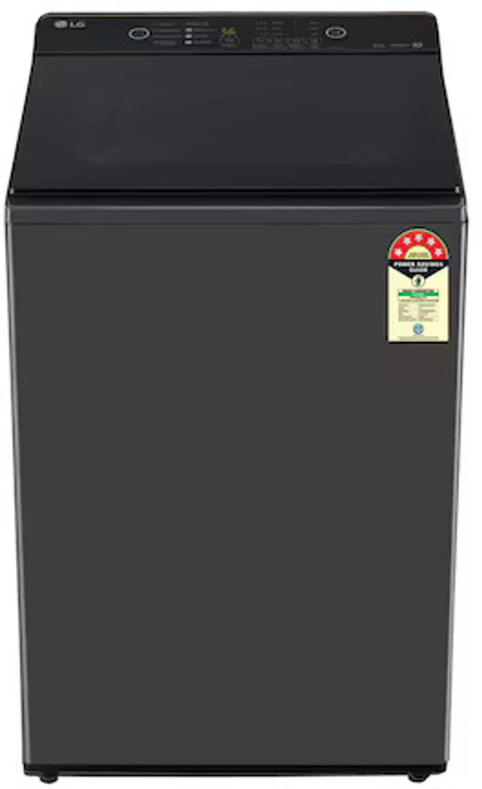 LG T80KMMB3Z 8 Kg top load washing machine in Middle Black, front view with control panel and energy label