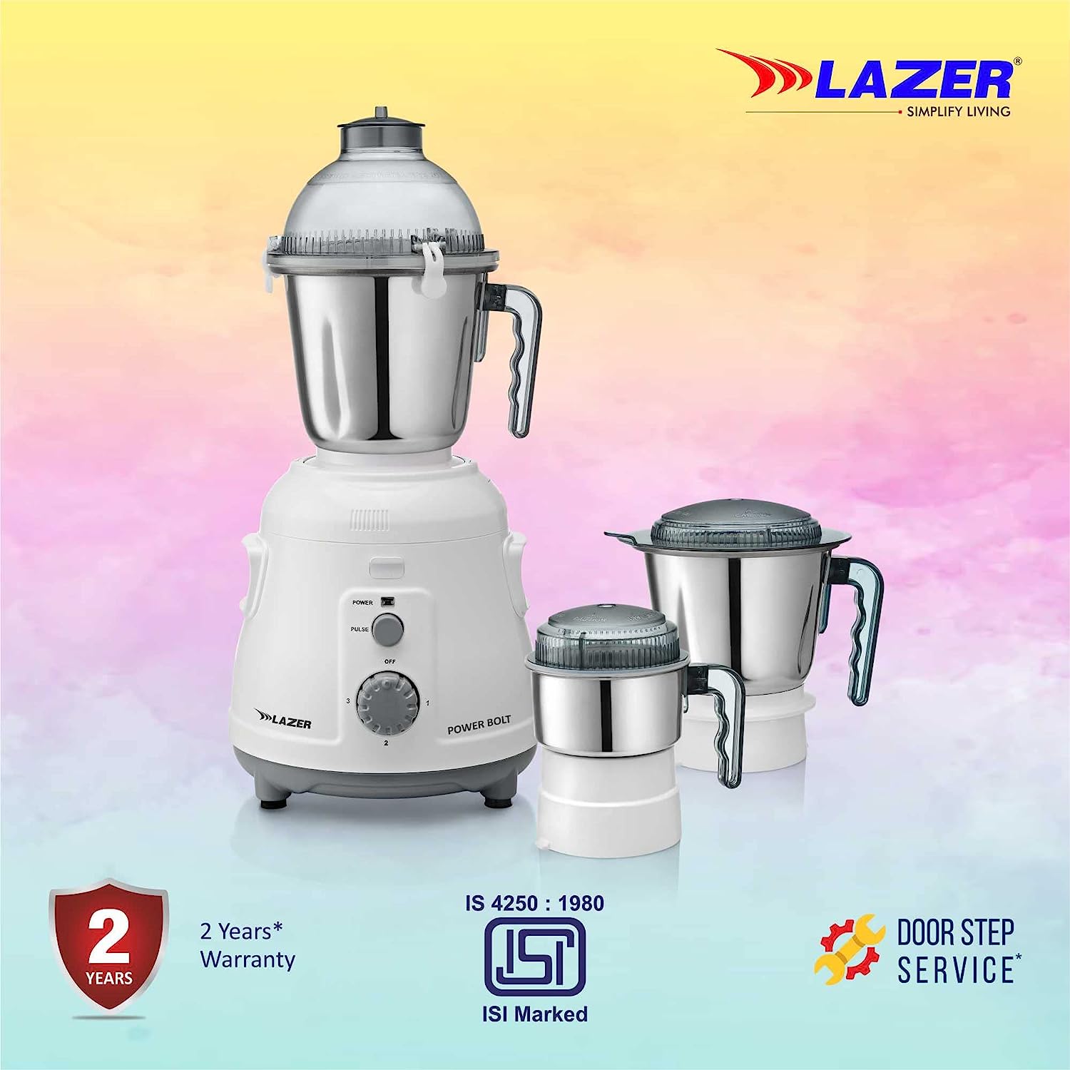 Lazer Power Bolt 3 Jars 950W Mixer Grinder (White)