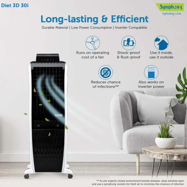 Symphony Diet 3D 30i Air Cooler with pop up touchscreen and 3 side honeycomb cooling pads With Remote