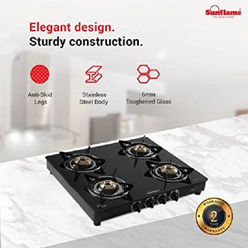 Sunflame (Classic Bk) Glass Top 4 Brass Burner Gas Stove, Open